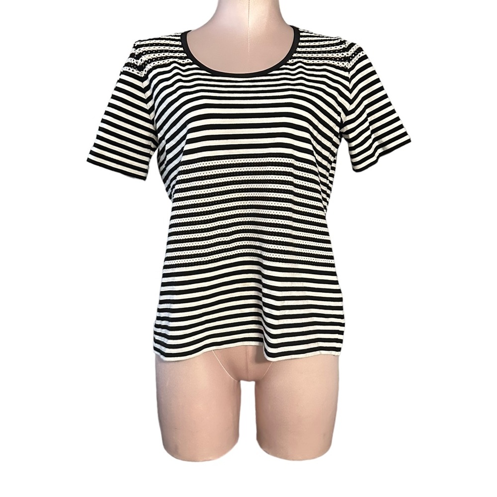 AKRIS Punto black and white striped top size 14. Beautiful see through detail - Picture 11 of 12